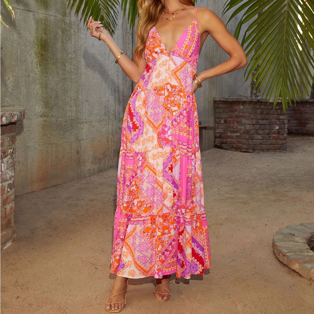 NEW Vici Mahana V-Neck Printed Tiered Maxi Dress View 2